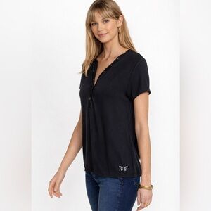 Johnny Was Black Modal Jersey Button Neck Tee Butterfly Detail Size Medium NWT